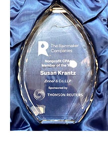 Zinner & Co. LLP Partner Susan Krantz, CPA, CGMA, was honored with a prestigious Rainmaker award as the Nonprofit Certified Public Accountant (CPA) member of the year.
